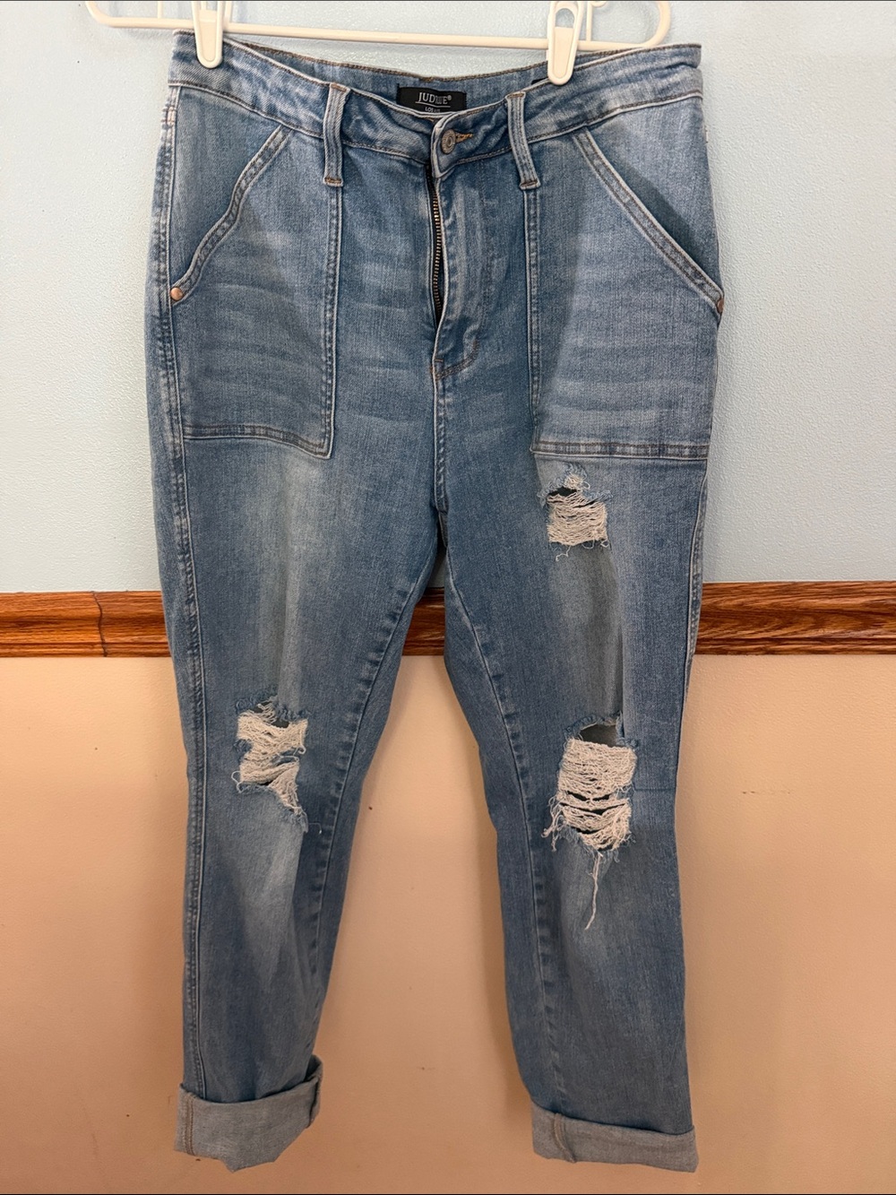 🔥 Judy Blue High Waist Patch Pocket Distressed Boyfriend Jeans 13/31